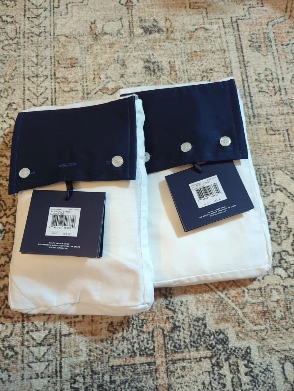 Lot 2 NEW Ralph Lauren RL Organic Sateen Border European Shams 26x26” Polo Navy
